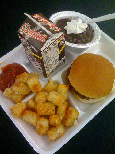 classic school lunch of a cheeseburger, tater tots, chocolate milk, and chocolate pudding