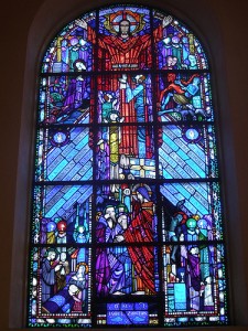 Irish stained glass depicting beliefs about purgatory