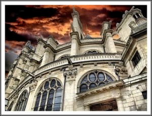 church against an orange and black sky
