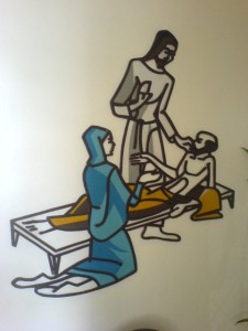 drawing of Jesus healing the sick with Mary