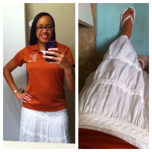 Top is my work polo. Skirt from Old Navy. Unintended flip-flops also from Old Navy.
