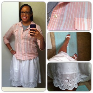 Blouse from Old Navy. Grey shell from Funky Frum. Skirt from Old Navy. Shoes from Payless.