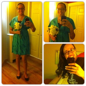 I did not catch the bouquet; I was just a bridesmaid who kept hers from the ceremony. I also did not take them to church. Awkward! Dress from Target, camisole from Old Navy, shoes from Payless.