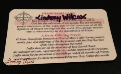 Lindsay Wilcox has pledged to make a daily offering of self to God for the salvation of all people, for the monthly prayer intentions of the pope, and for the intentions of all the Apostles of Prayer throughout the world. This pledge entitles one to membership in the Apostleship of Prayer.